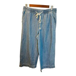 Loft Wide Leg Linen Cotton Cropped Jeans Size Medium Light Wash Drawstring